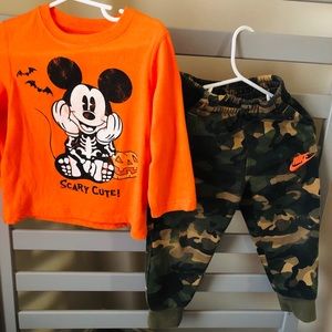Mickey Long sleeve shirt and Nike camo pant.